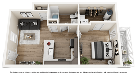 Floor plan for 1 bed, 1 bath, 680 sqft